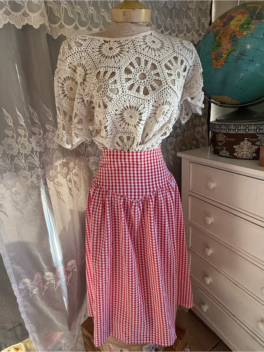 Red Gingham Midi Skirt - Classic High-Waist Women’s Skirt